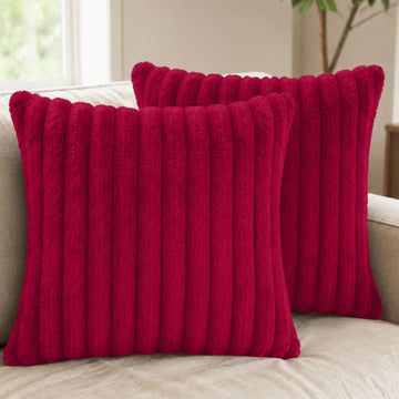 Red Faux Fur Throw Pillow Covers 26x26, Set of 2 Cushion Cases