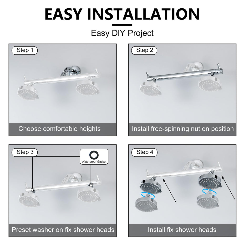 Double Shower Head for Two People, High Pressure 5 Setting 2 Person Dual Shower Head for Couple, Chrome