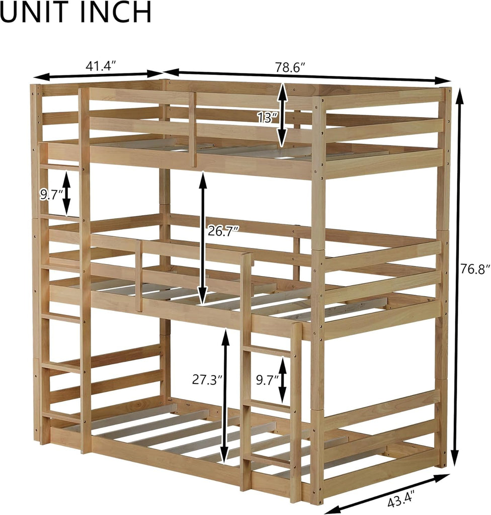 Twin Over Twin Over Twin Triple Bunk Bed for Kids,3 Bed Bunk Beds for 3,Solid Wood Twin Triple Bunk Bed with Two