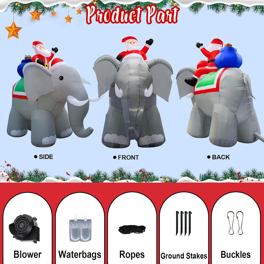 12FT Length X 10.5FT Tall Giant Christmas Inflatables Elephant, Christmas Blow Up Santa on Elephant Inflatable