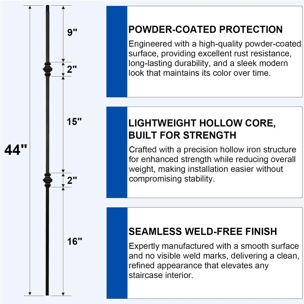 44" Iron Double Collar Balusters for Staircase Interior, 1/2" Hollow Stair Balusters, Matte Black Metal Balusters
