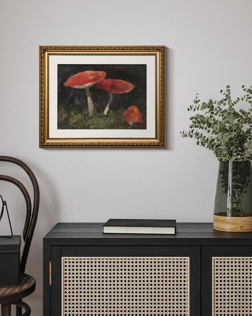 Vintage Gold Framed Mushroom Wall Art, Retro Botanical Paintings Farmhouse Cottagecore Decor, Canvas Prints, Antique
