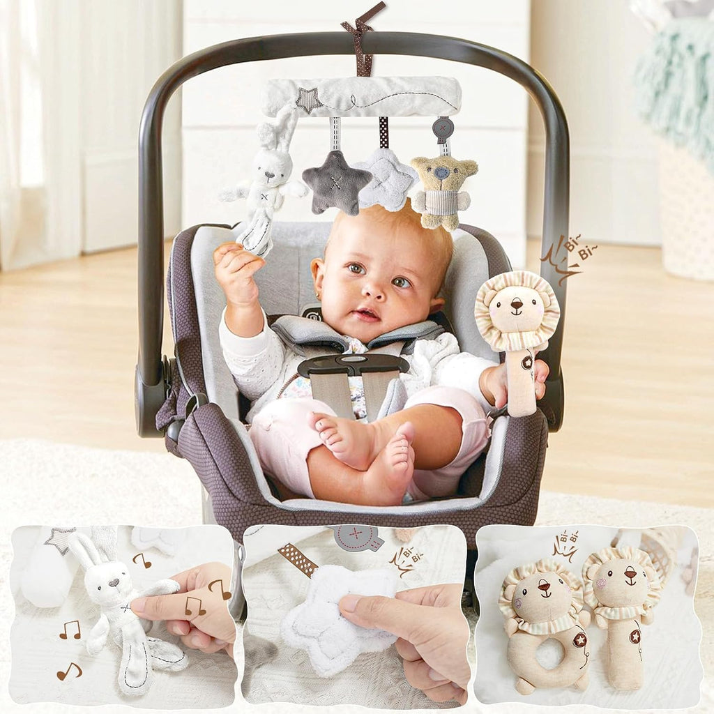 9pcs Newborn Baby Gift Baskets for Boys Girls Baby Shower, 2 Rattle/Seat Hang Toy/Blanket/Bodysuit/Bib/ 3D Socks/Wood