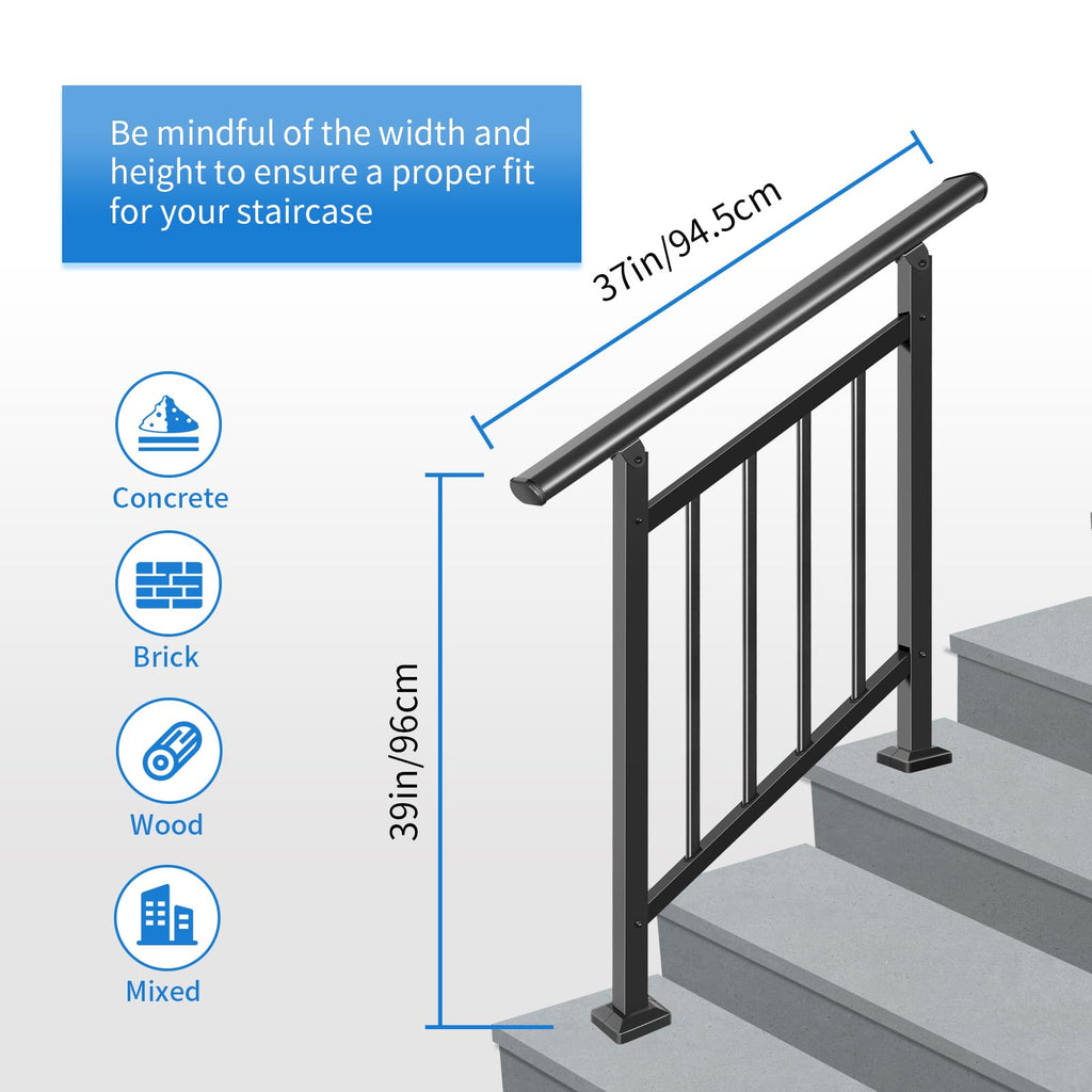 Upgrade 2 in 1 3 Step Stair&Horizontal Handrails, Adjustable 40"x38" Stair Railing Kits, Black Wrought Iron Hand