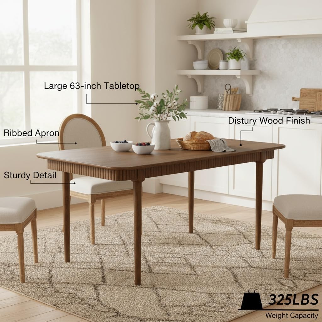 Mid-Century 63 Inch Solid Wood Dining Table for 4-6, Retro Farmhouse Kitchen Table with Large Tabletop, Modern Table