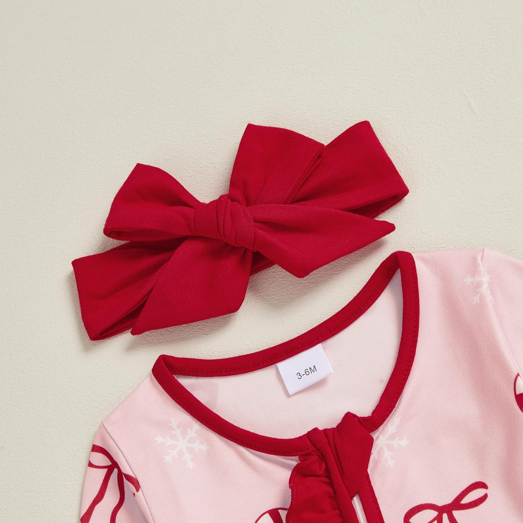 My First Christmas Baby Girl Outfit Newborn Bow Footie Jumpsuit Ruffle Zipper Romper Infant Coming Home Xmas Clothes
