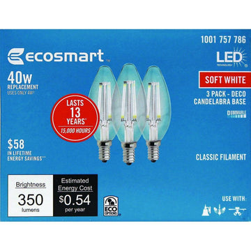 40W Equivalent Soft White B11 Dimmable Filament LED Light Bulbs 3-Pack