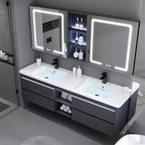 55IN Double Sink Vanity, 4 Drawers, Two LED Smart Touch Mirror Cabinets, Open Center Compartment, Body Sensor Lights