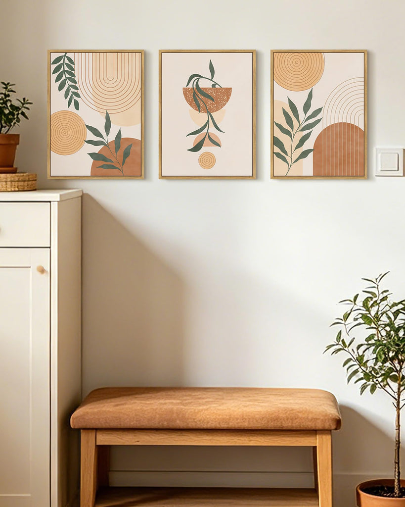 Brown Boho Wall Art Framed Botanical Mid Century Modern Wall Painting Neutral Bohemain Sage Decor for Farmhouse