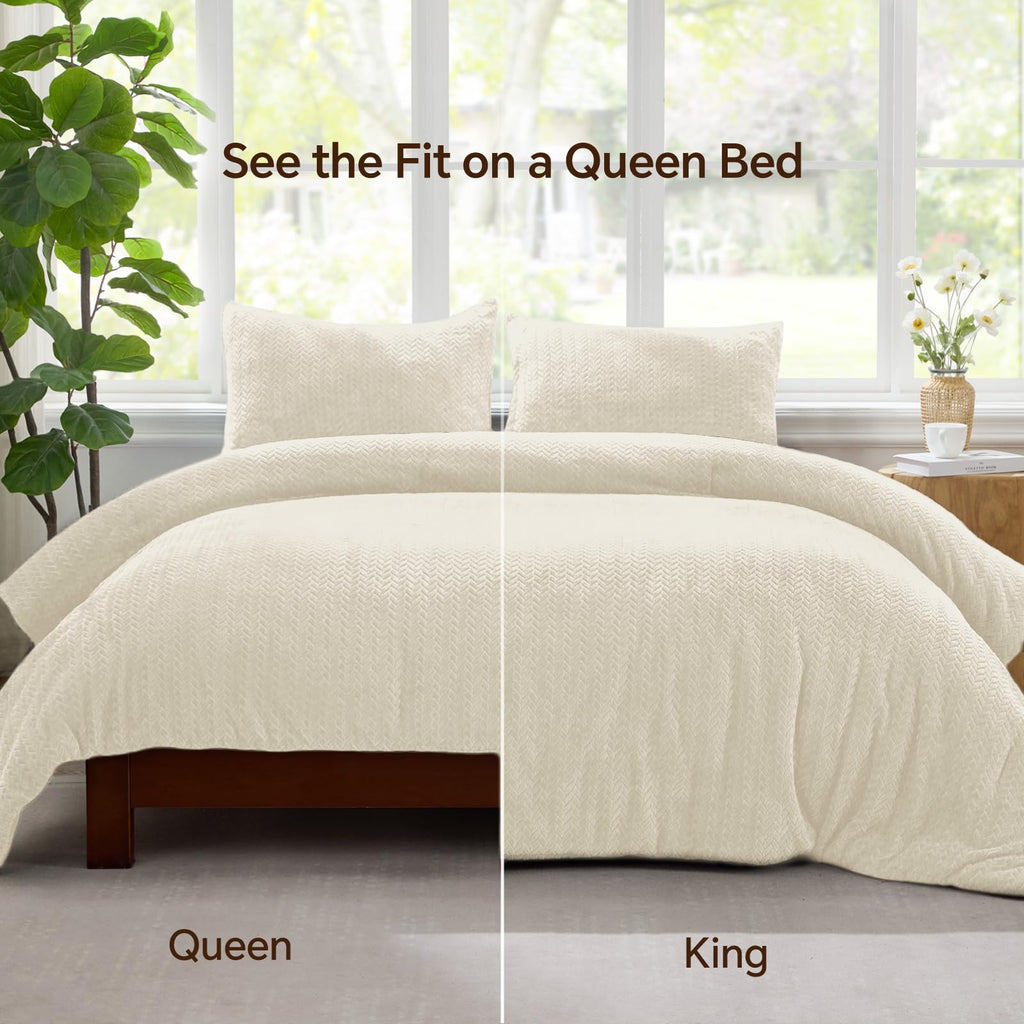 Fleece Comforter Set Beige, Fluffy Flannel Bed Set 3 Pieces
