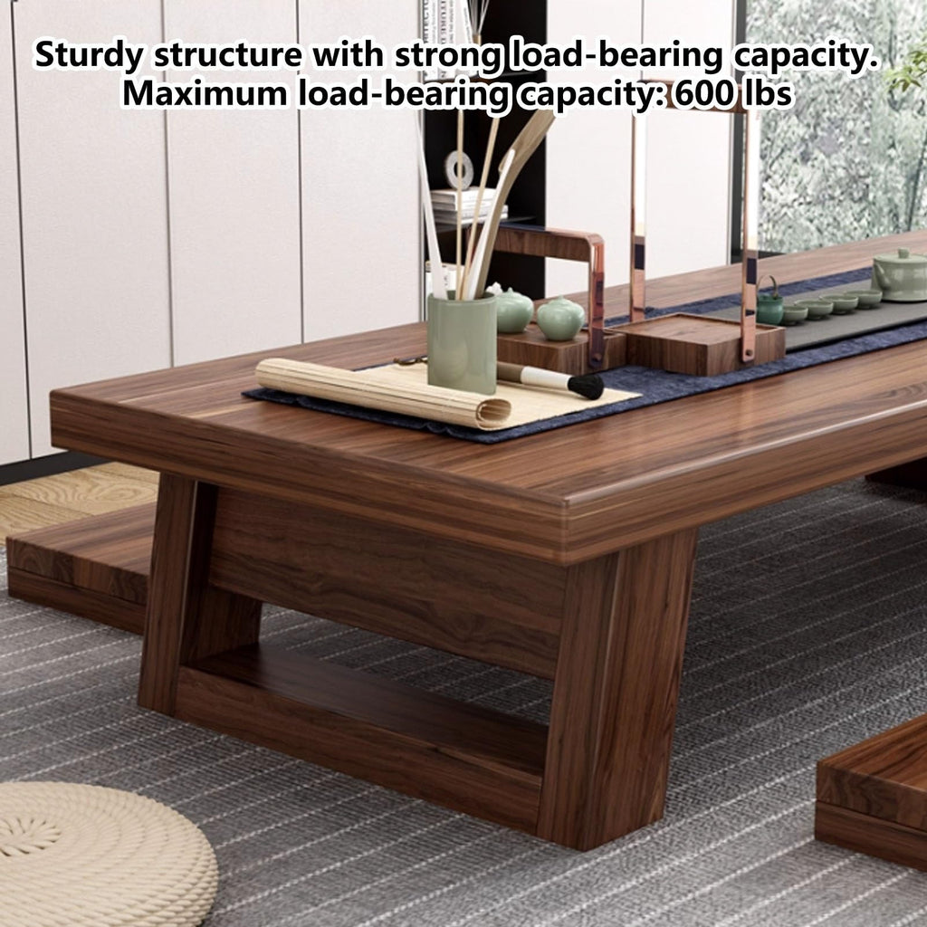 Japanese Floor Table, Low Japanese Dining Table for Floor Sitting with 4 Stools, Solid Wood Chabudai Tatami Coffee