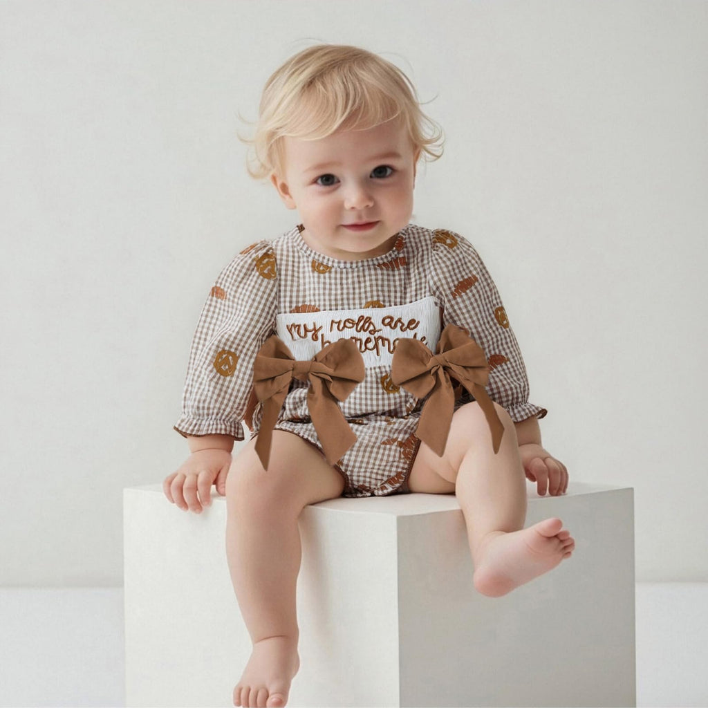 Girl Thanksgiving Outfit Plaid Romper Letter Embroidered Long Sleeve Onesie Headband 2 Piece Fall Set (My Rolls Are