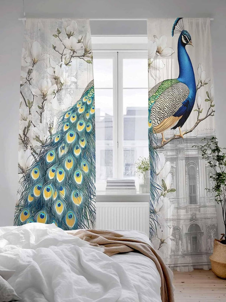 Luxury Peacock Sheer Curtains 96 Inches Long 2 Panels Set, Window Sheer Curtains , Watercolor Vintage Floral Attic