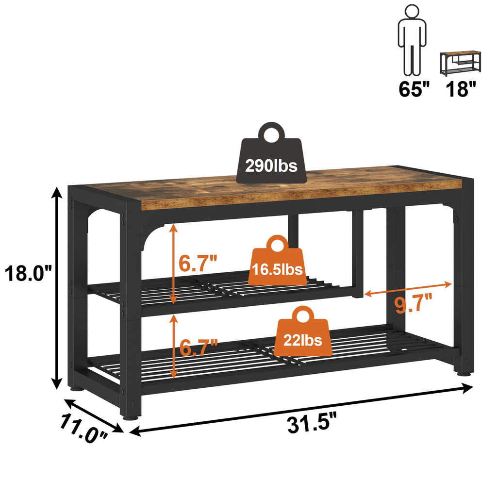 Shoe Bench, 3 Tiers Shoe Rack Bench, 31.5" Shoe Storage Bench, Retro Industrial Entry Bench with Mesh Shelves and Boot