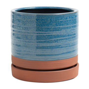 6 Inch Plant Pots, Ceramic Planter Pot with Drainage Hole & Saucer, Indoor/Outdoor Cylinder Round Planter Pot, Aqua