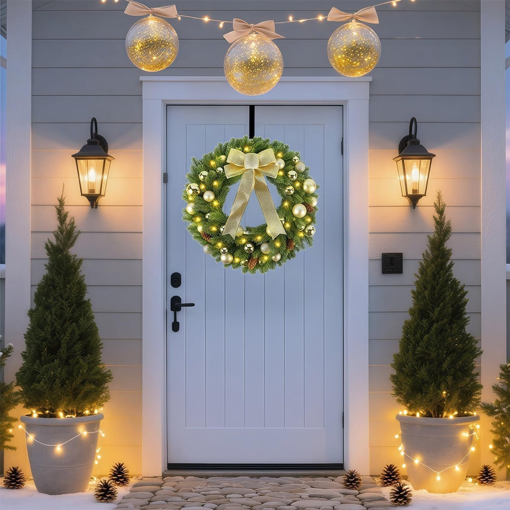 21" Lighted Christmas Wreath with Metal Hanger, Pre-lit Xmas Folded Wreath with LED Lights, Golden Bow & Balls