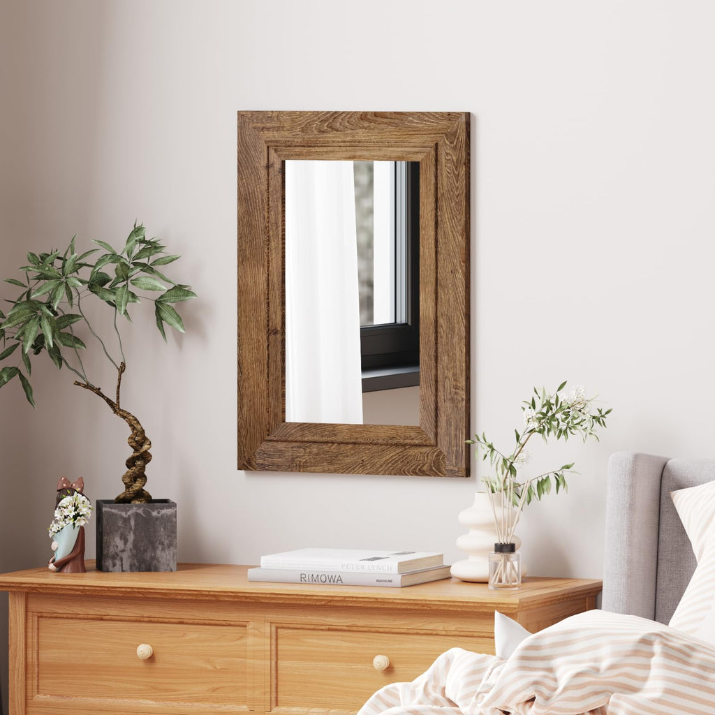 Rustic Wall-Mounted Vanity Mirror, Solid Wood Frame Bathroom Mirror, Farmhouse Style, Horizontal/Vertical Hanging