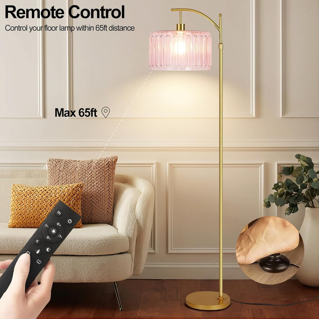 Pink Floor Lamp,Gold Dimmable Standing Lamp with Remote,Mid Century Modern Brass Tall Lamp Boho Floor Lamps Arc