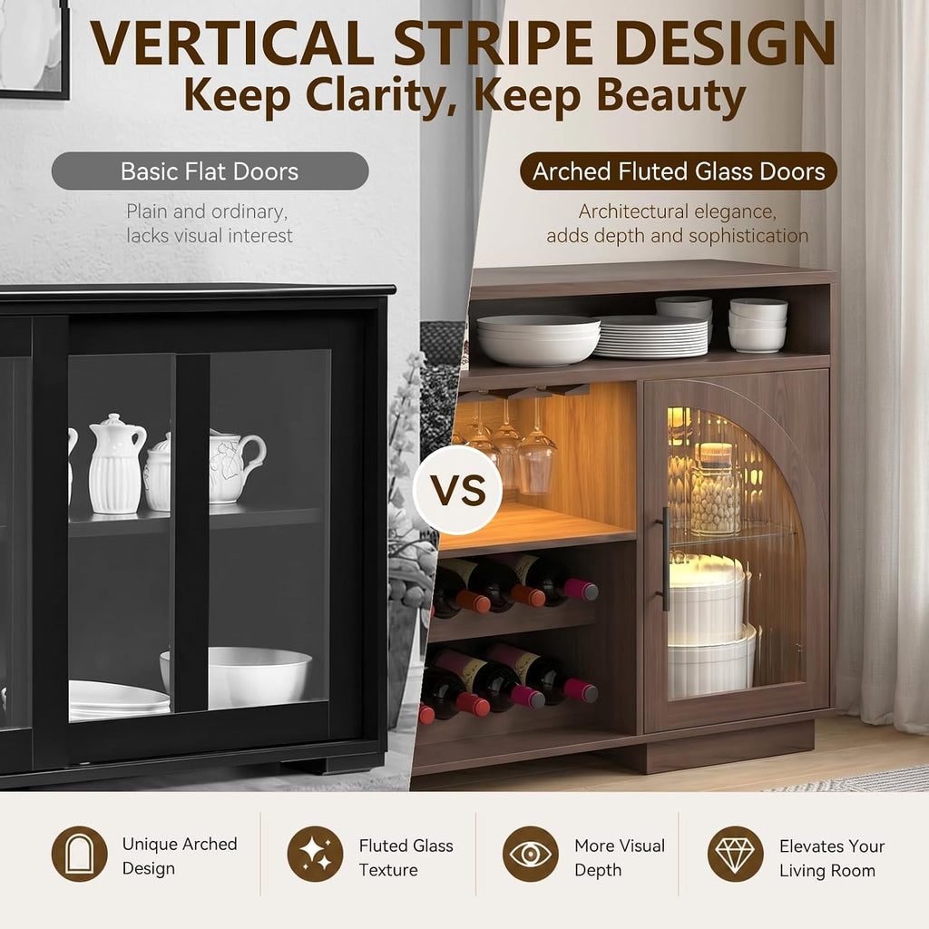 54" Coffee Bar Cabinet with Storage, LED Lights and Arched Glass Doors | Brown Wine Bar Cabinet with Wine Rack and