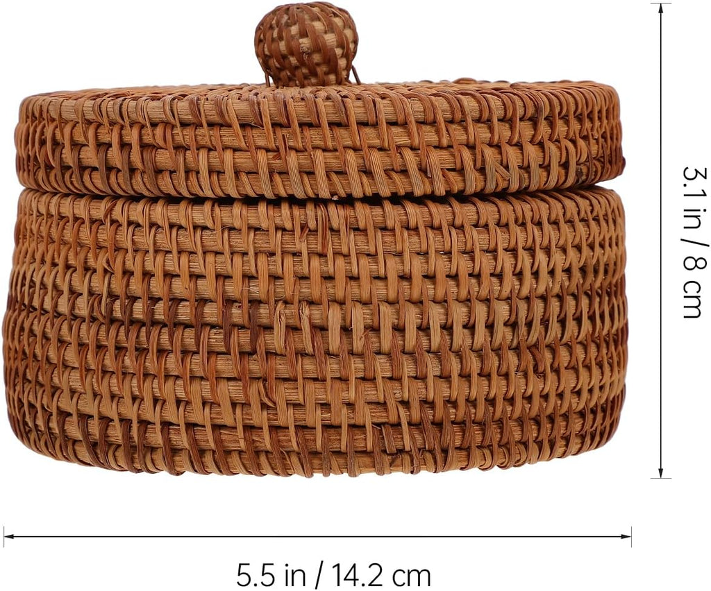 Handwoven Rattan Storage Box with Lid, Small Round Wicker Basket for Desktop Organization, Bathroom Shelf, Dresser