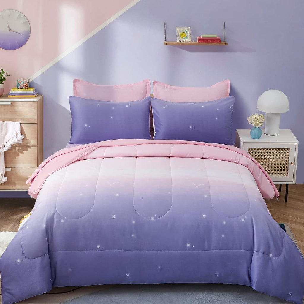 Girls Comforter Set Twin XL/Full Colorful Ombre Pink Rainbow Bedding Set Bed in A Bag for Kid Teen Girls 7 PC (1