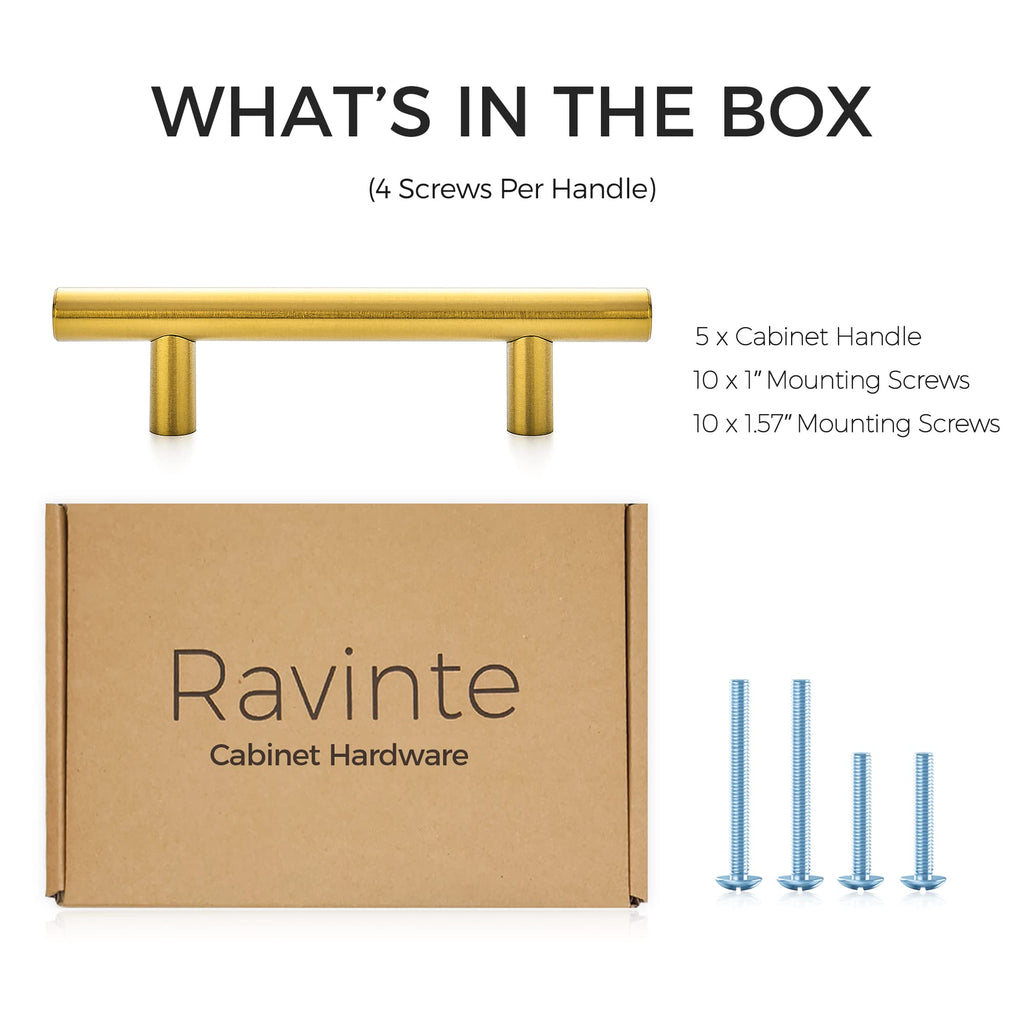 Cabinet Handles, Brushed Brass,5" Length,3" Hole Center,5 Pack