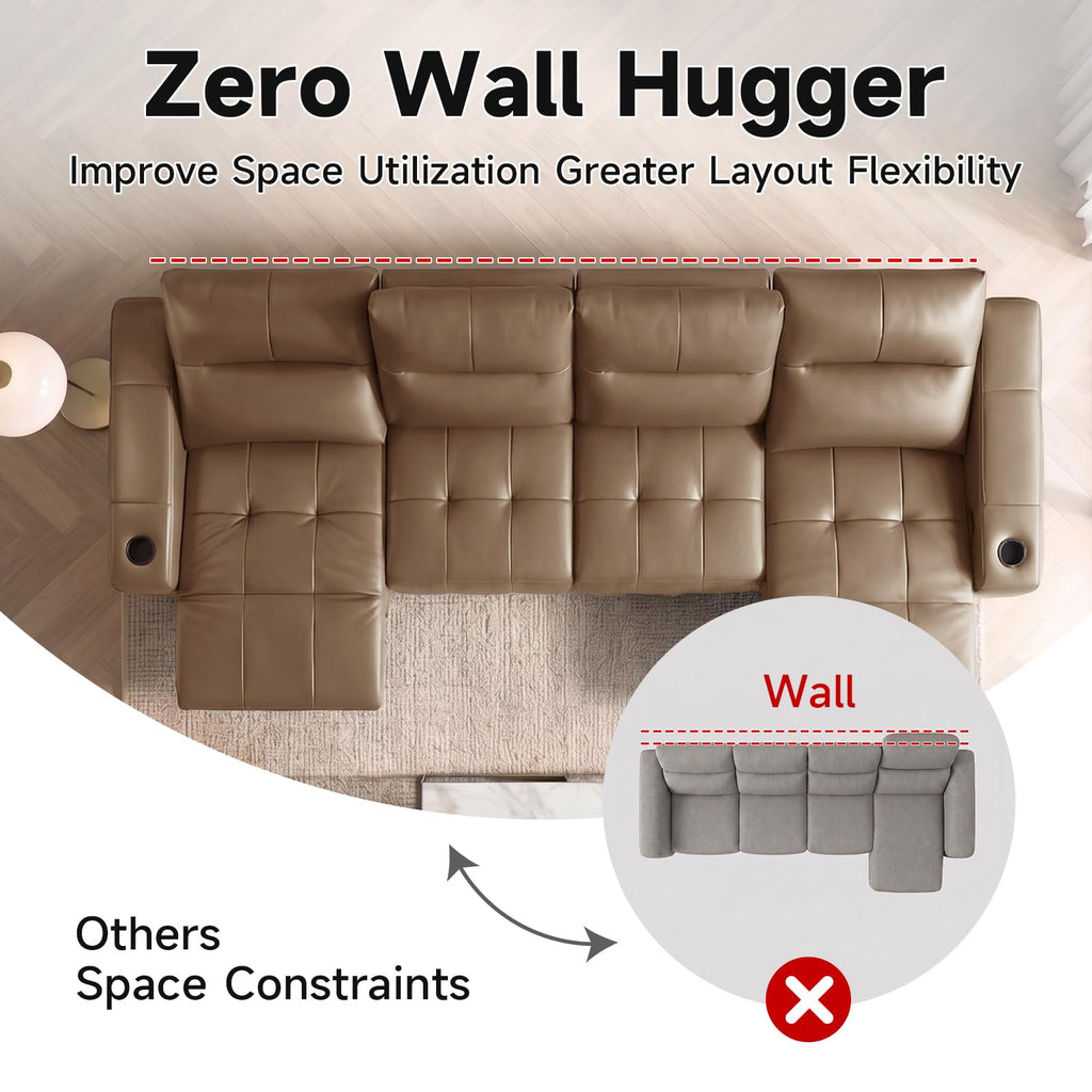 Power Recliner Sofa Genuine Leather Wall Hugger Recliners with USB Port 4-Seater Sofas with 2 Cup Holders, Brown