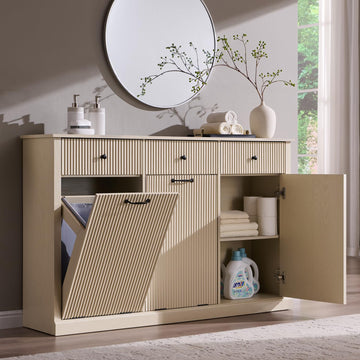 Triple Tilt Out Laundry Hamper Cabinet, Trash Can Cabinet, Cream