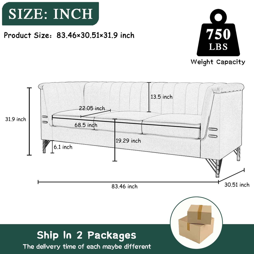 Emerald Green Couch Sofa, 83" Mid-Century Modern Tufted Chesterfield Sofa with Flared Arms and Removable Cushions