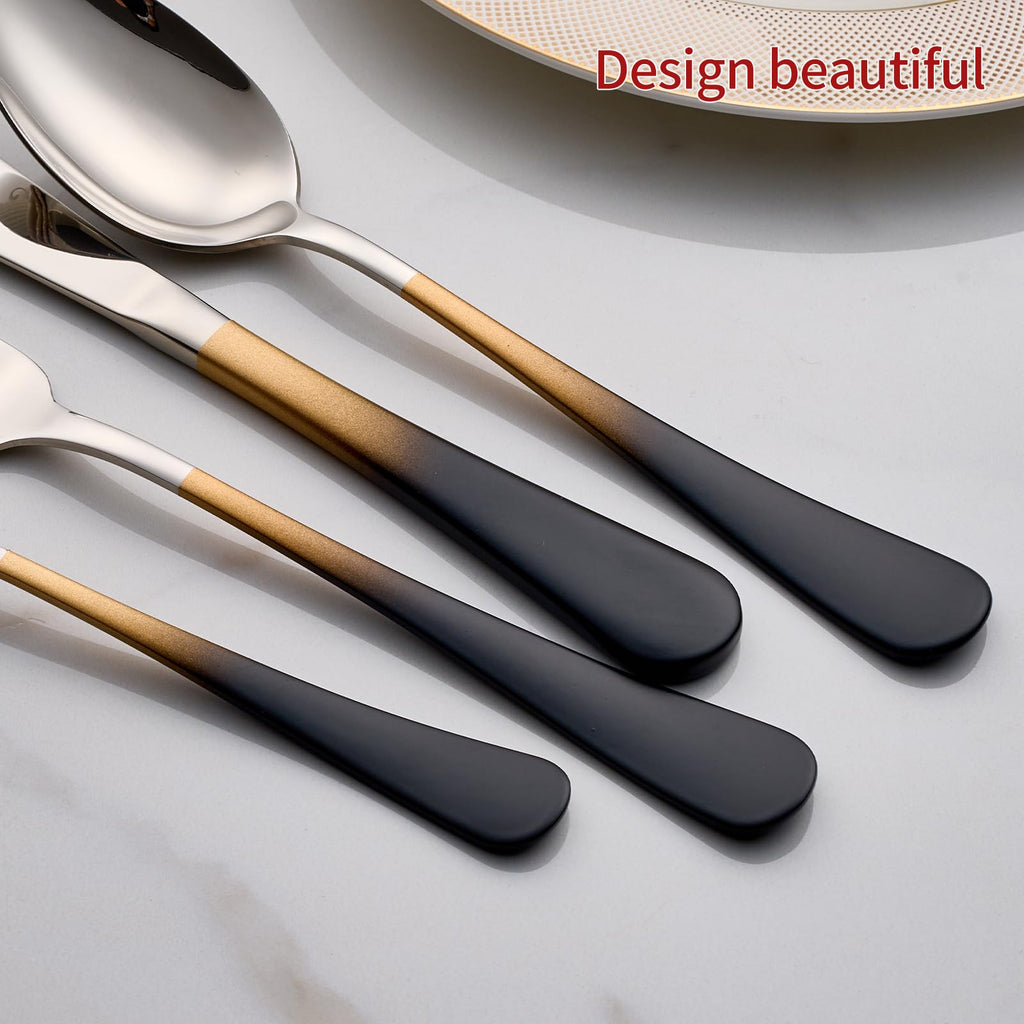 Colorful Silverware Set 20 Piece 18/0 Stainless Steel Flatware Black and Gold Handle Cutlery Set Service for 4 Fork