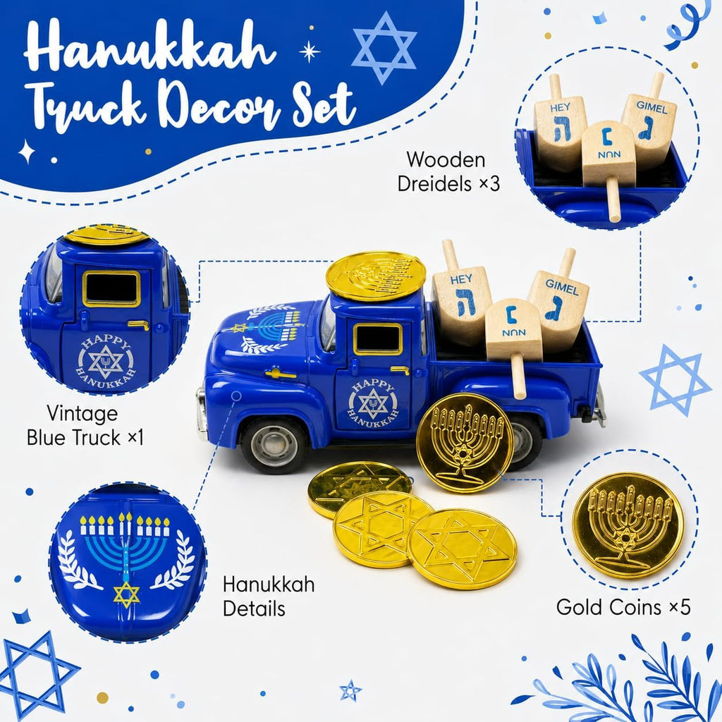 Hanukkah Truck Decor with 3 Wooden Dreidels and Gold Gelt Coins, 5.7-Inch