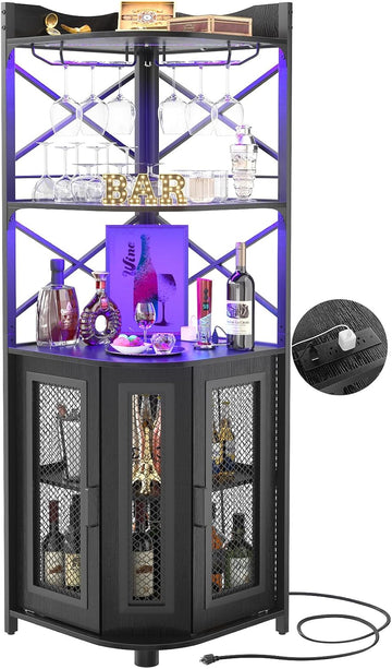 Corner Bar Cabinet with Power Outlet, Industrial Liquor Cabinet | 5-Tiers Wine Cabinet Mini Bar Unit with LED Strip