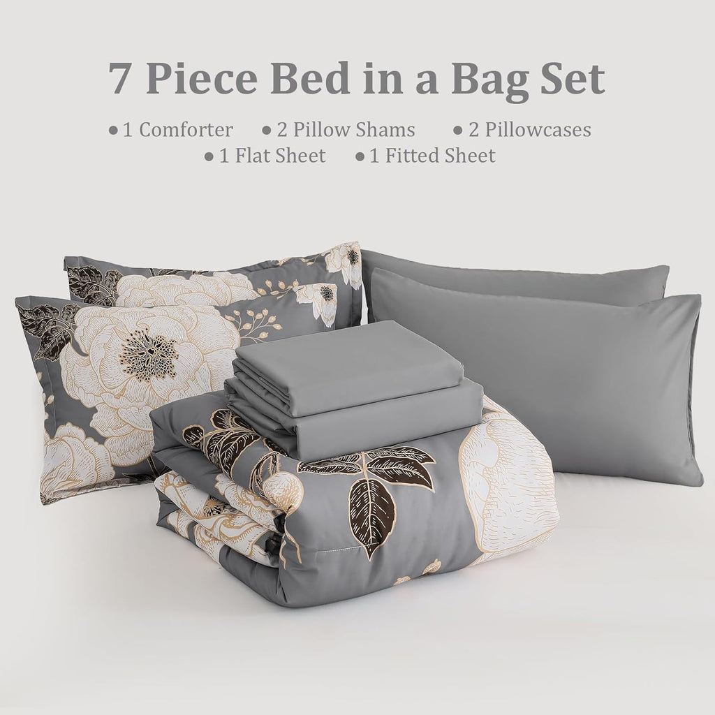 Luxudecor Floral King Comforter Set 7 Pieces Bed in a Bag, White Flower Print on Grey Bedding Set