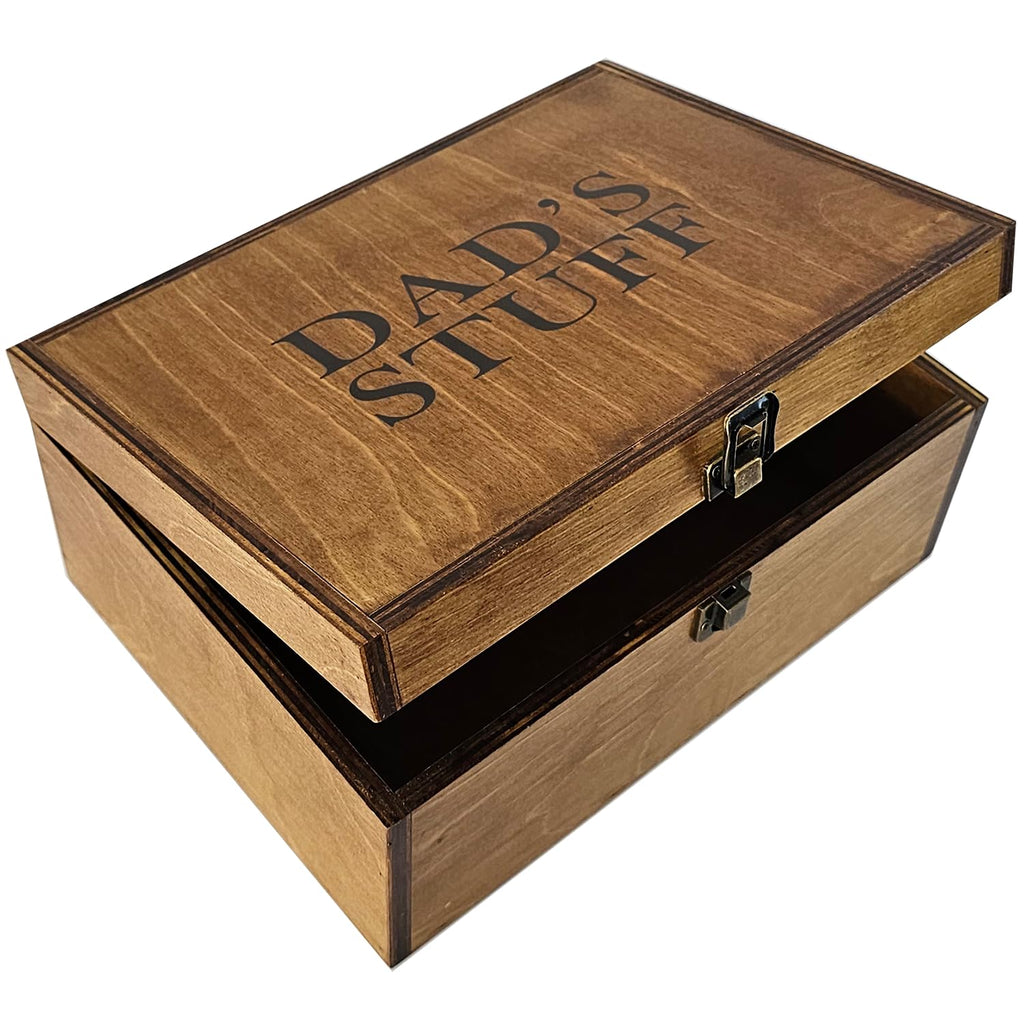 Dad Gifts, Wooden Dad's Stuff Storage Box, Large Rustic Wooden Keepsake Box 11.6" x 8.7" x 5", Engraved Memory Wood