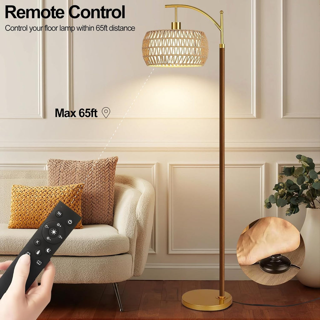 Wood Floor Lamps Arc Boho Floor Lamp with Remote Control & 3 Color Temperatures, Vintage Wicker Rattan Standing Lamp