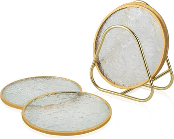 Glass Gold Coasters with Holder, Round Cup Coaster Set with Carved Glass Stylish for Coffee Tea Wine - Set of 4