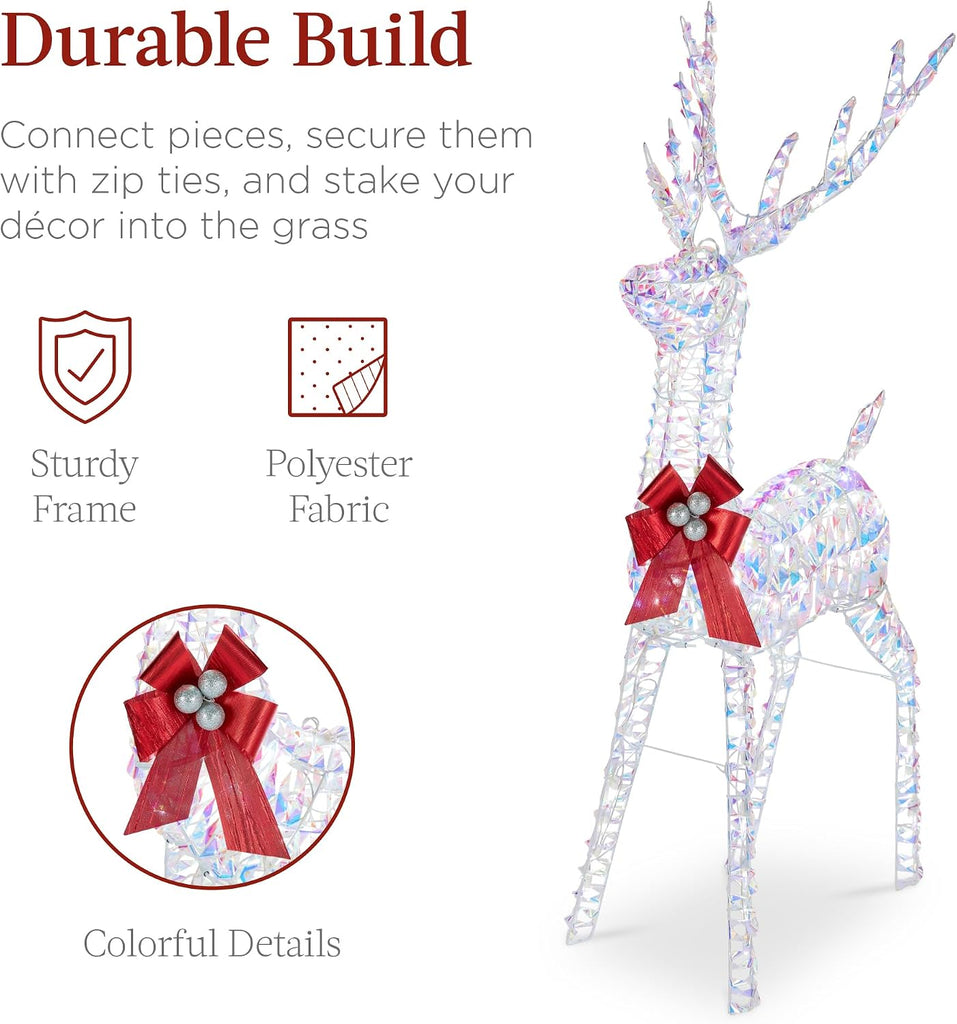 Lighted Christmas 4ft Reindeer & Sleigh Holiday Outdoor Yard Decoration Set w/ 205 LED Lights, Stakes, Zip Ties