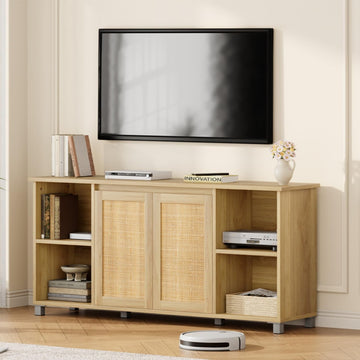 Rattan TV Stand for 65" TVs, Natural Oak Media Console