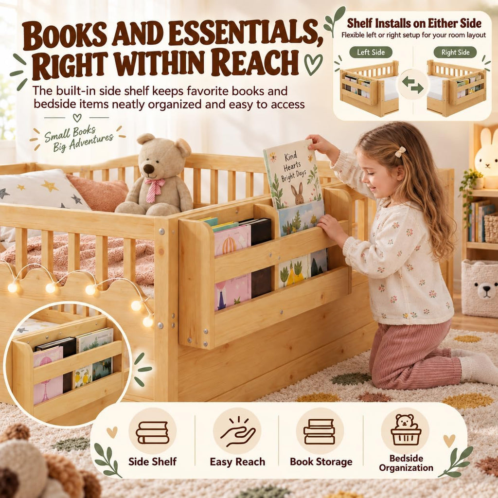 Montessori Floor Bed with High Rails, Floor Bed Frame for Kids, LED Lights & Storage Shelf, Safe & Wider