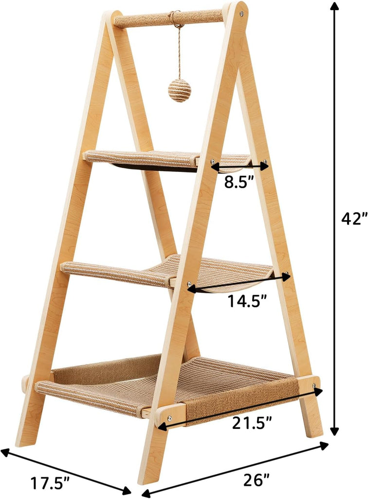 Stylish Plywood A-Frame Cat Tower, 3-Tier Perch, Sisal Scratching Board & Open Hammock, Space-Saving Movable Cat Tree