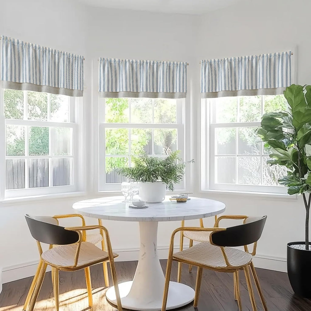 Blue Striped Linen Valance, 50" W x 18" L, Farmhouse Window Valance, Blue on Beige