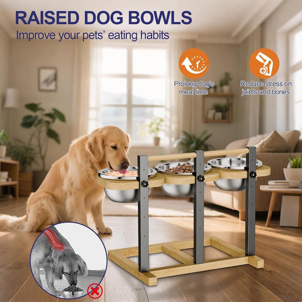 Bamboo Raised Dog Bowl, Elevated Dog Bowl, 5-Height Adjustable
