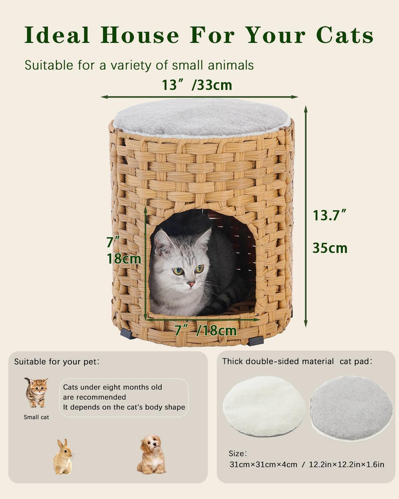 Cat House for Indoor Cat, Small Handwoven PE Rattan Kitten Cave