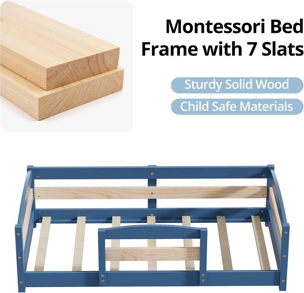 Standard Crib Size Toddler Bed, Wooden Low Montessori Floor Bed Frame with 2 Enters and Safe Guardrails for Boys and