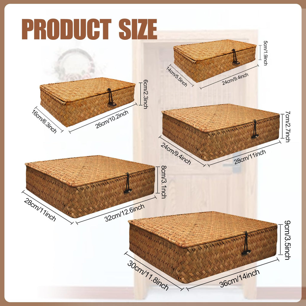 5 Pcs Seagrass Basket with Lid 5 Sizes Decorative Storage Boxes Rattan Wicker Storage Basket with Lids Woven