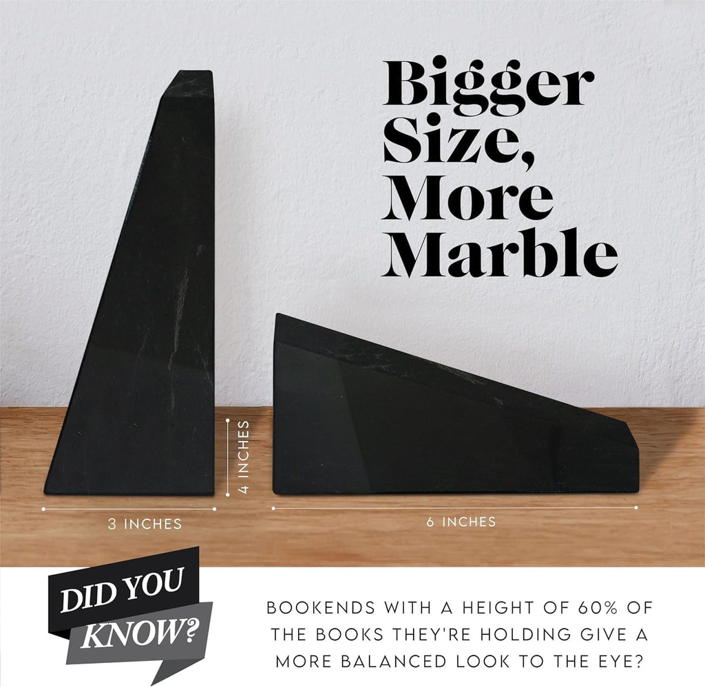 Premium Polished Stone Marble 6" Book Ends for Bookshelf Decor, Home, Office or Kitchen Shelves. Heavy, Triangular