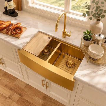 Gold Farmhouse Kitchen Sink, 33x20x10 Inch 50/50 Double Bowl Apron Front Undermount Sink, Gold Stainless Steel