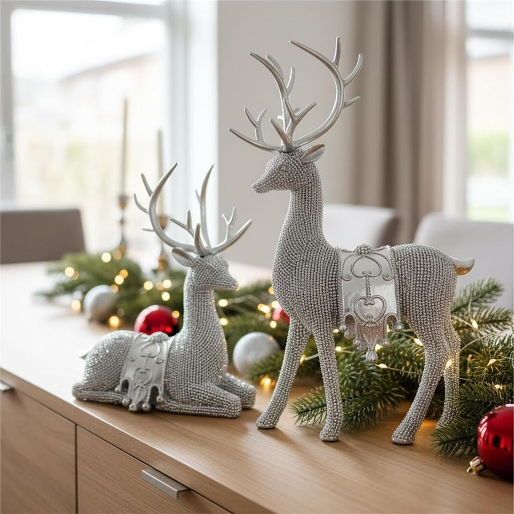 Gifts for Women Set of 2 Christmas Reindeer Statues 11.3" Gold Decorative Deer Sculptures Shelf Decor(Silver)