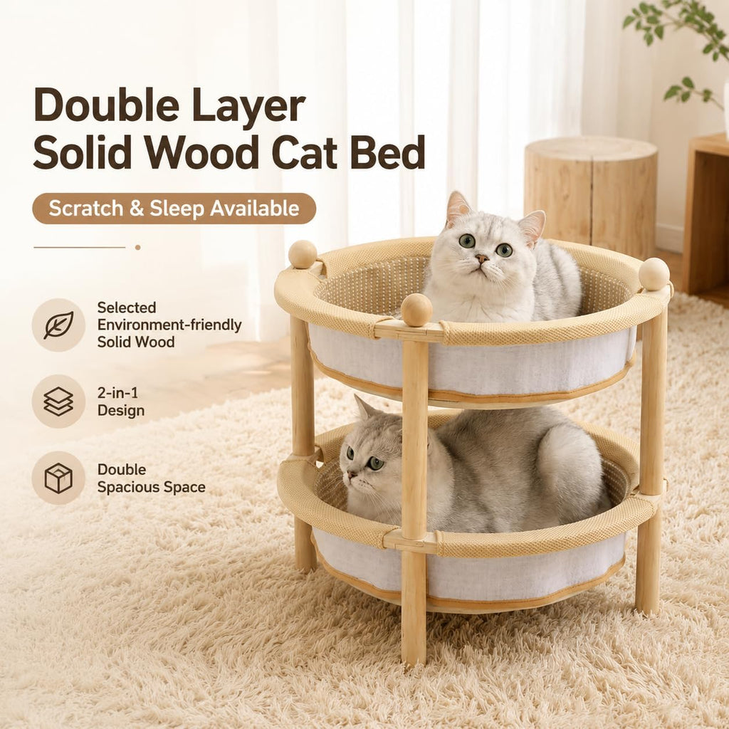 2-Tier Elevated Cat Hammock Bed, 2-in-1 Natural Sisal Jute Cat Scratching Pad with Sturdy Frame, Cat Lounger