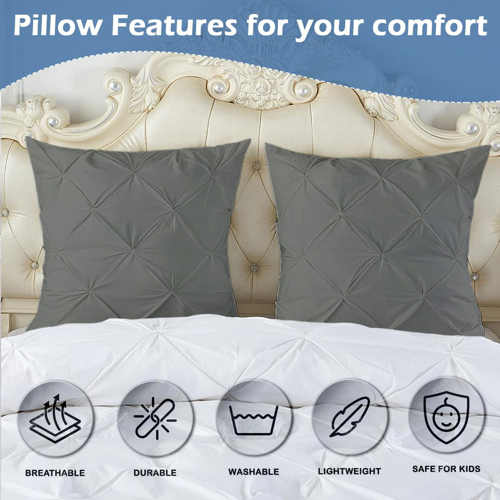 European Square Pinch Pleated Pintuck Pillow Shams Set - Dark Grey Egyptian Cotton Envelope Closure, Soft, Cozy &